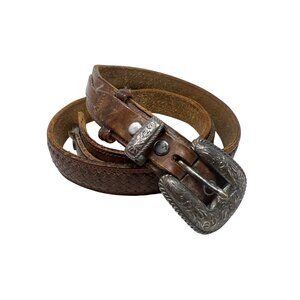 Dos Amigos Belt Size 34 Floral Tooled Western Concho Belt Leather Silver Brown